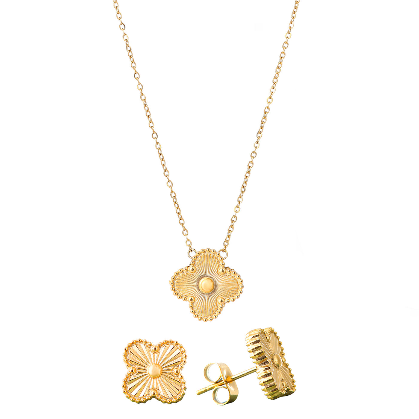 Gold-Plated Four-Leaf Clover Necklace and Earrings Jewelry Set – Van 1 Collection