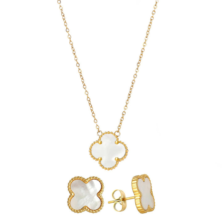 Van 1 Mother-of-Pearl Four-Leaf Clover Necklace and Earrings Set